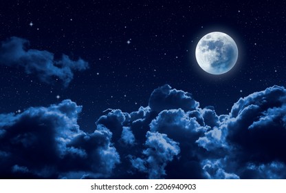 Beautiful dreamy night sky background with clouds, moon and stars