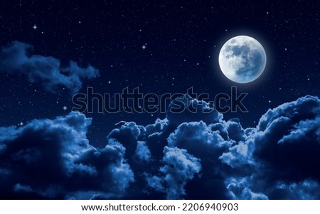Beautiful dreamy night sky background with clouds, moon and stars