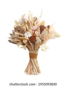 Beautiful Dried Flower Bouquet Isolated On White