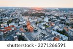 A beautiful drone photo was taken on a sunny day in Gorzów Wielkopolski, capturing the River Warta, the Cathedral, and the city center