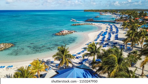 Beautiful drone shoot idyllic tropical beach Princess Cays Island in Bahamas   