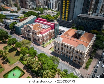 Beautiful drone view to historic buildings and green public square in Belo Horizonte, Minas Gerais, Brazil