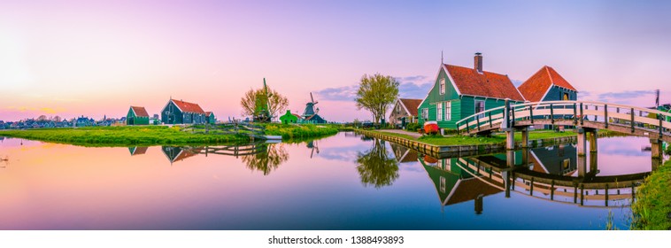 Beautiful Dutch scenery panorama of Zaanse Schans windmill village in Netherlands 