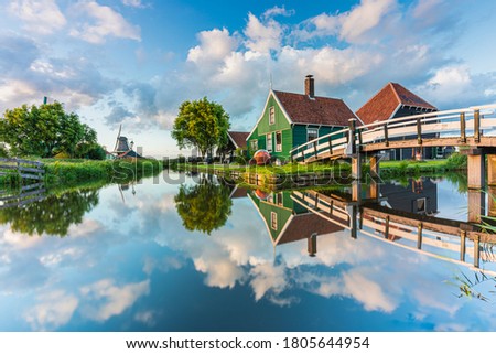 Beautiful Dutch scenery of the Zaanse Schans in The Netherlands at Sunset