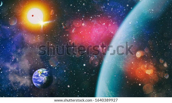 Beautiful Earth . Panoramic view of the\
Earth, sun, star and galaxy. Sunrise over planet Earth, view from\
space . Elements of this image furnished by\
NASA