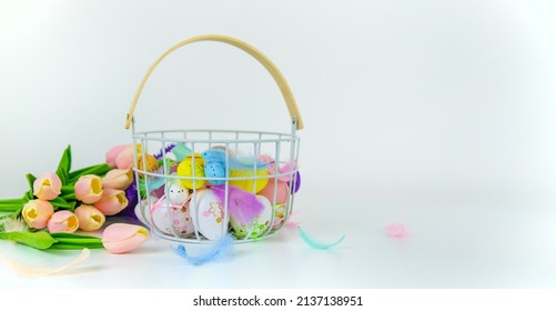 Beautiful Easter decor on a white background. Selective focus. holiday.