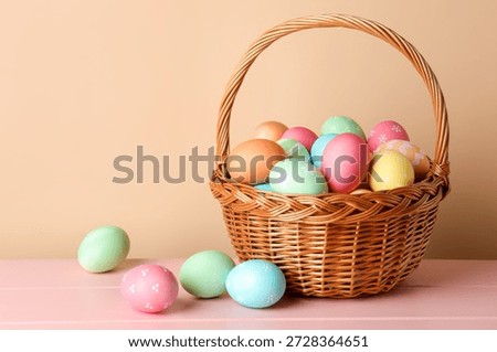 Beautiful Easter eggs in basket on pink wooden table against beige background. Space for text