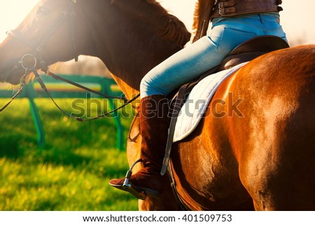 Beautiful elegance back woman cowgirl, riding a horse. Clothed leg in blue jeans, brown leather jacket, boots. Has slim sport body. Portrait nature. People and animals. Equestrian. Close up.