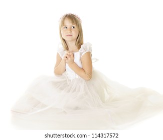 A Beautiful Elementary Girl In White, Hands Clasped While Looking Heavenward.  On A White Background.