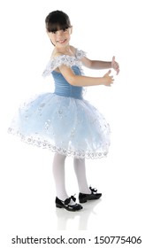 A Beautiful Elementary Tap Dancer Smiling At The Viewer As She Poses In A Dance Form.  On A White Background.