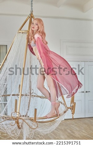 Beautiful elf anime woman in underwear, long pink hair. Beauty portrait, romantic look retro style. Pink skin