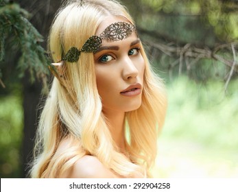 Beautiful Elf Ears Girl. Fantasy Young Woman In Woods