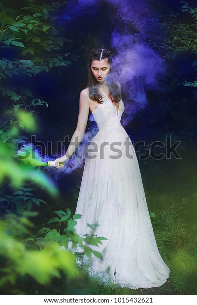 Beautiful Elf Girl White Dress Forest Beauty Fashion Stock Image