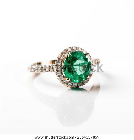 A beautiful emerald ring with sparkling diamonds isolated on a white background.