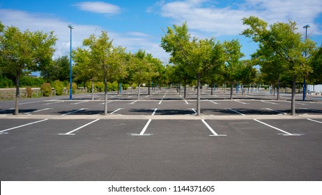 Beautiful Empty Parking Lot With Trees On Sunny Summer Day In France