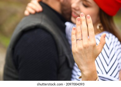 Beautiful Engaged Couple In Autumn Park, Closeup