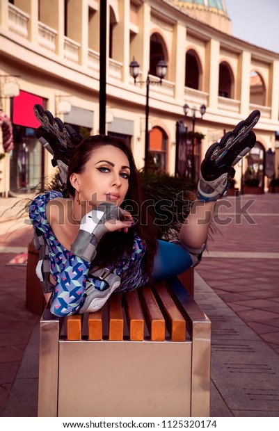 Beautiful European Girl Roller Skates Rests Stock Photo Edit Now