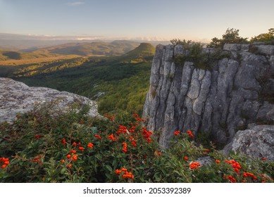 Beautiful evening landscape in early autumn. Panoramic view of the mountains, Chufut-Kale, Bakhchisarai, Crimea