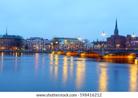 Beautiful evening scenic panorama of the Old Town (Gamla Stan) pier architecture in Stockholm, Sweden