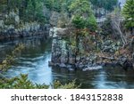 Beautiful evening view of Angle Rock in the St. Croix River at Interstate State Park, Taylors Falls, Minnesota USA.
