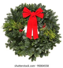 Beautiful Evergreen Christmas Wreath With Red Bow, Isolated