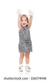 Beautiful Excited Little Girl Hold Hands Up Happy Isolated On A White Background