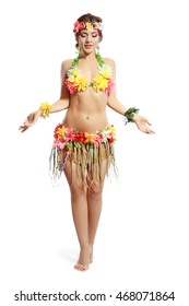 Beautiful exotic girl with Hawaiian accessories inviting and smiling
