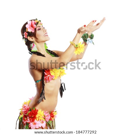 Beautiful exotic girl with Hawaiian accessories posing over white