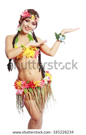 Beautiful exotic girl with Hawaiian accessories inviting and smiling