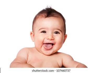 Beautiful expressive adorable happy cute laughing smiling baby infant face showing tongue, isolated.