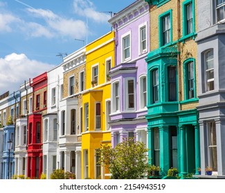 Beautiful facades of different colours in the Notting Hill area of London, UK.
