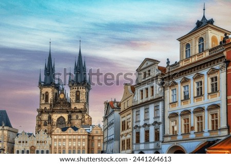 The beautiful facades of medieval houses and towers of Our Lady before Tyn Church in background, Old Town Square, Stare Mesto, Prague, Czech Republic