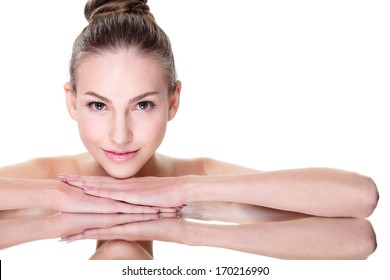 Beautiful Face Skincare Beauty Woman Lying Down With Mirror Reflection Isolated On White Background.