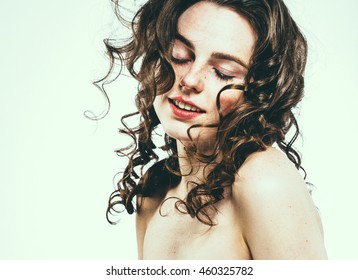 Beautiful Face Woman Freckles And Curly Fly Hair Nice Smile Portrait