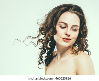 Beautiful Face Woman Freckles And Curly Fly Hair Nice Smile Portrait