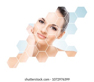 Beautiful face of young and healthy woman. Plastic surgery, skin care, cosmetics and face lifting concept.