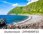 Beautiful Faja Grande beach on western coast of Flores island, Azores, Portugal