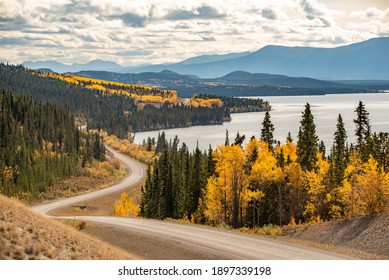 Beautiful fall autumn highway with yellow, orange colors and lake along side of road. Taken in northern Canada during September season. 