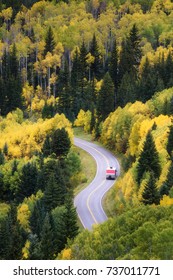 Beautiful Fall Color Curve Road In Mable, Colorado. RV Commuting On A Zigzig Road.