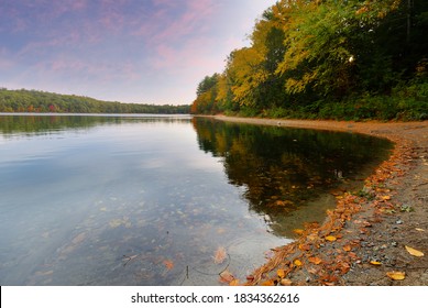 Beautiful fall foliage at Walden Pond at sun rise, Concord Massachusetts USA. Walden Pond is a lake in Concord, formed by retreating glaciers 10,000–12,000 years ago.