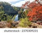 Beautiful fall view of the St. Croix River and Angle Rock at Interstate State Park in St. Croix Falls, Wisconsin and Taylors Falls, Minnesota USA.