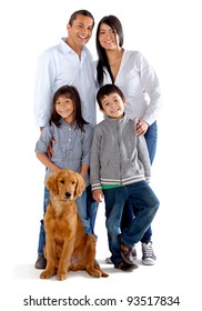 Beautiful Family With A Dog - Isolated Over A White Background