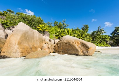 Beautiful and a famous beach Anse Lazio seen from the sea, Praslin island, Seychelles. 