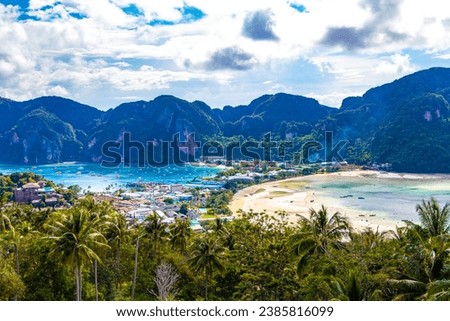 Beautiful famous beach lagoon panorama view between limestone rocks and turquoise water on Koh Phi Phi Don island in Ao Nang Amphoe Mueang Krabi Thailand in Southeast Asia.