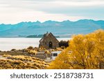 Beautiful famous Church of the Good Shepherd with mountain and yellow grass in autumn park at Lake Tekapo, New Zealand