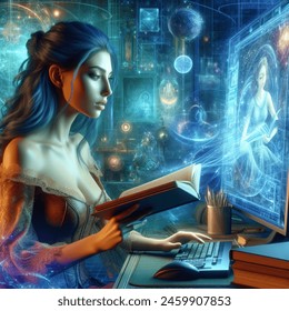 Beautiful fantasy woman studying for exam on computer digital art 3d 