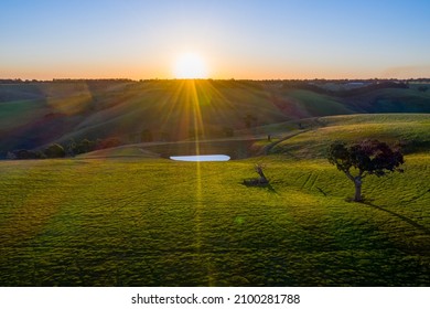 Beautiful Farming Landscape, With Green Hills, Cows And Rivers. 