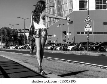 Beautiful And Fashionable Hitchhiker Back Portrait Black And White