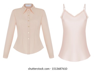 Beautiful Fashionable Set Of Women’s Clothing, Luxurious Pink Long-sleeved Shirt And Silk Top On Shoulder Straps, Front View, Clipping Path, Ghost Mannequin, Isolated On White Background.