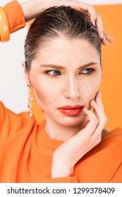 Beautiful Fashionable Young Woman Posing With Tumeric On Background